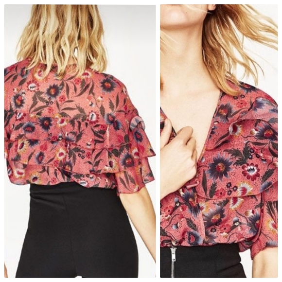 ZARA Sheer Orange Botanical Floral Print Ruffle Bodysuit, NWT - Picture 2 of 9